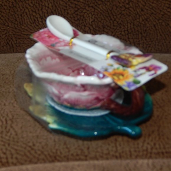 Corner Ruby Garden Collection Pink Peony Flower Tea Cup Leaf Saucer & Spoon NWT - Picture 6 of 9